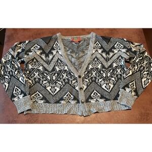 Vintage 90's Chartwell  Geometric Pattern Cardigan Sweater Leather Trim Size L